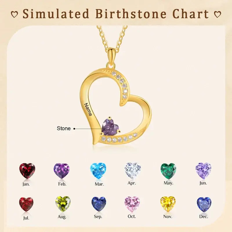 Personalised Necklace for Mum | Birthstone Necklace Heart-Shaped Pendant | Engraved Names Family Necklace | 2 Colours