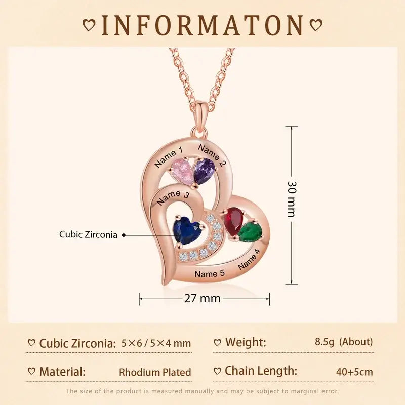 Personalised Necklace for Mum | Birthstone Necklace Heart-Shaped Pendant | Engraved Names Family Necklace | 2 Colours