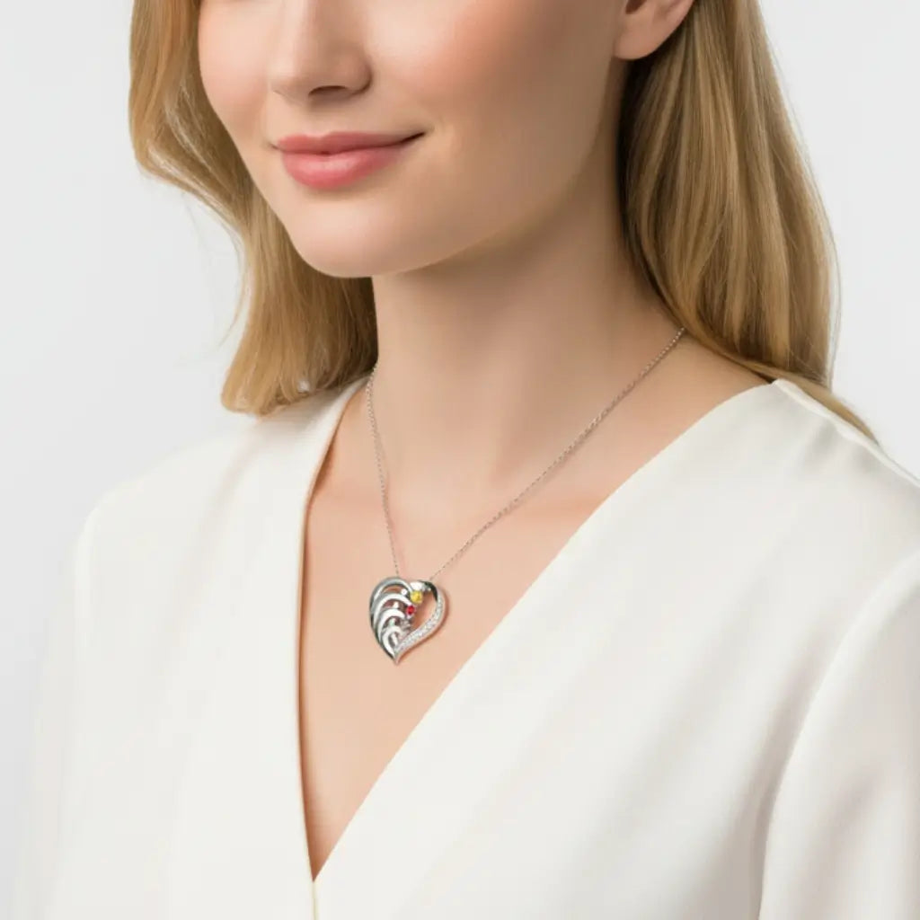 Personalised 4-Name Engraved Heart Necklace with Birthstones in Sterling Silver, Gold, or Rose Gold