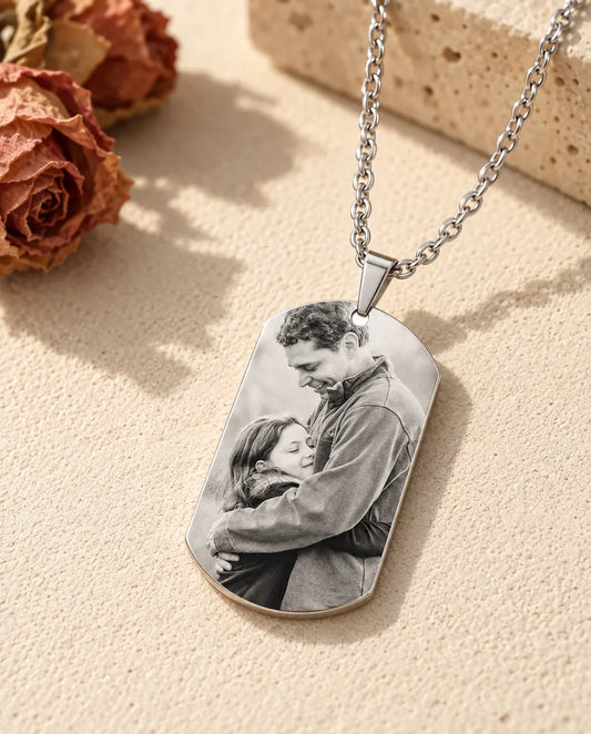 Papa photo dog tag necklace in titanium steel with a black and white engraved photo of a father and daughter