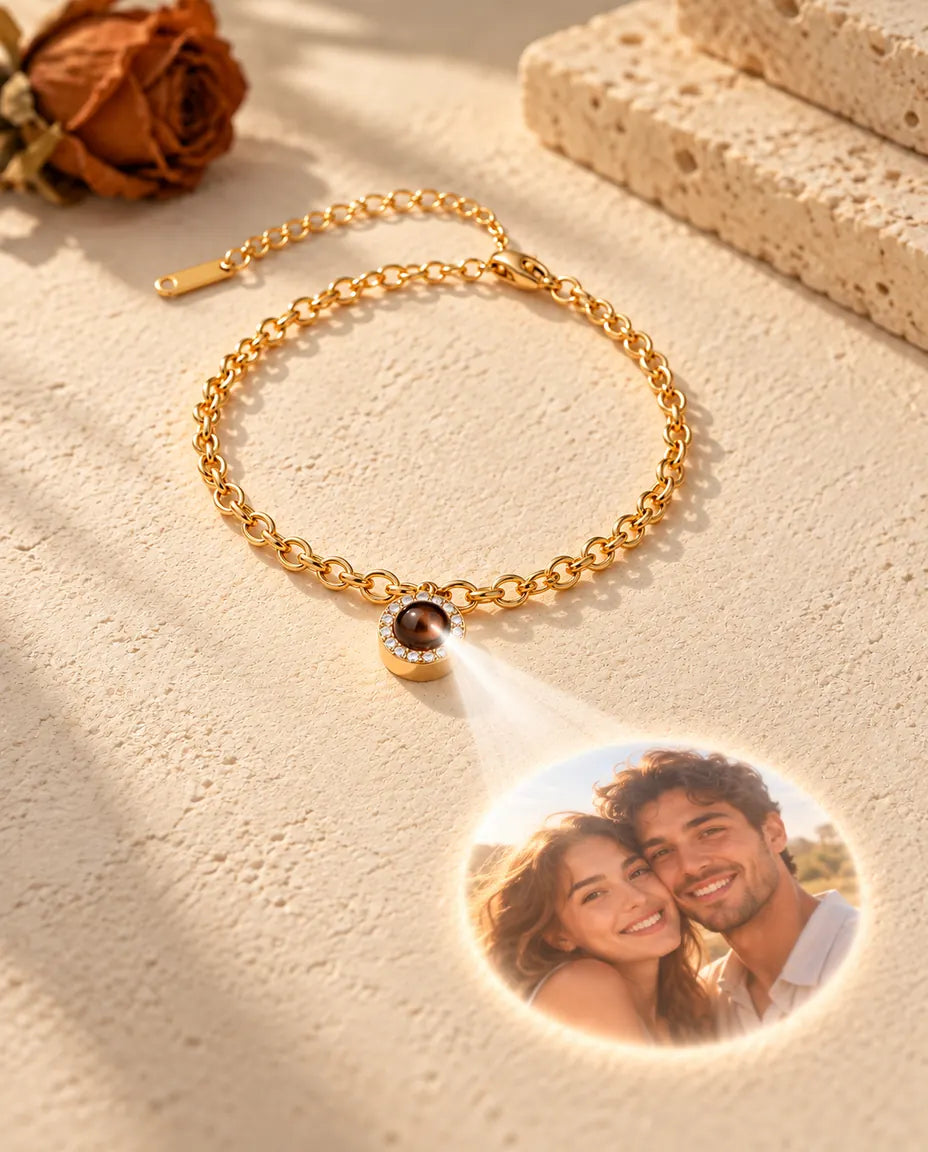 Light through the brown stone of the gold tone pave circle bracelet projects a round photo onto the plaster