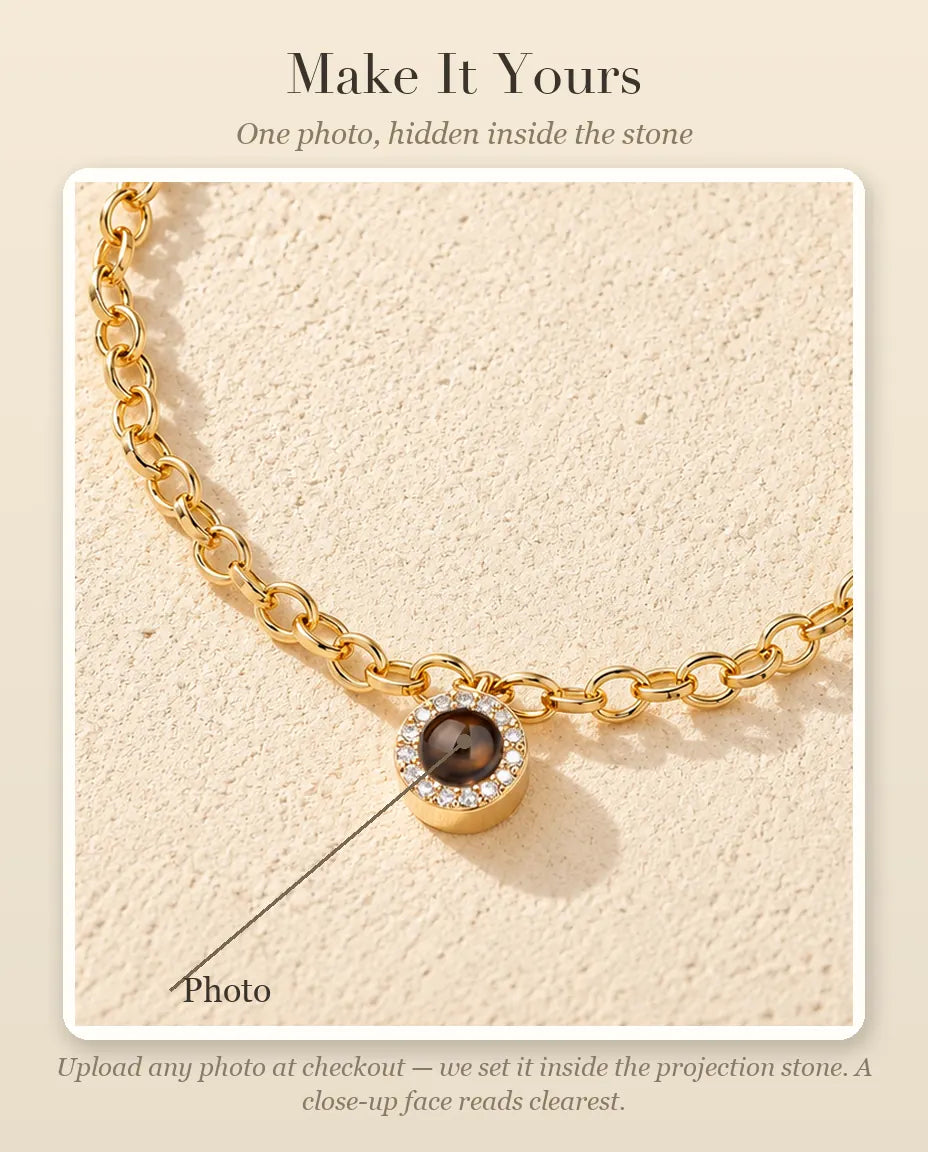 Personalisation guide showing where your photo goes inside the projection stone of the pave circle charm