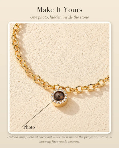Personalisation guide showing where your photo goes inside the projection stone of the pave circle charm