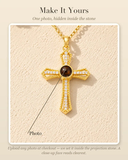 Personalisation guide showing the Photo hidden inside the stone at the centre of the cross