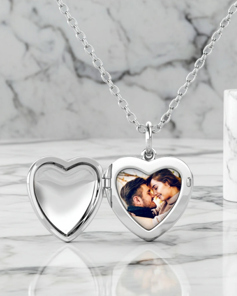 Personalised Photo Heart Locket Necklace with Birthstone & Engraving in 925 Sterling Silver
