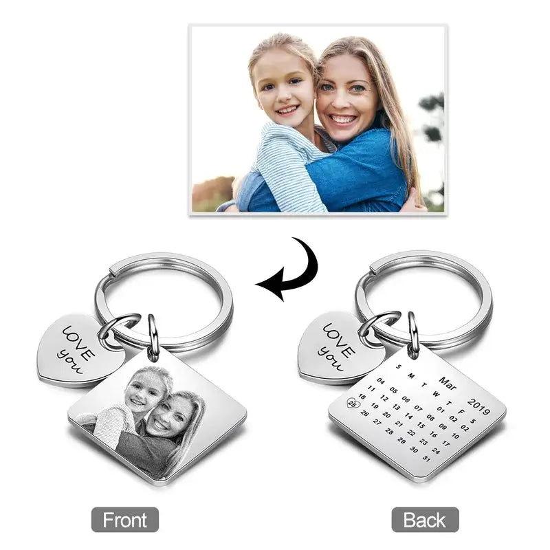 Personalised Photo Keyring with Calendar and Engraving