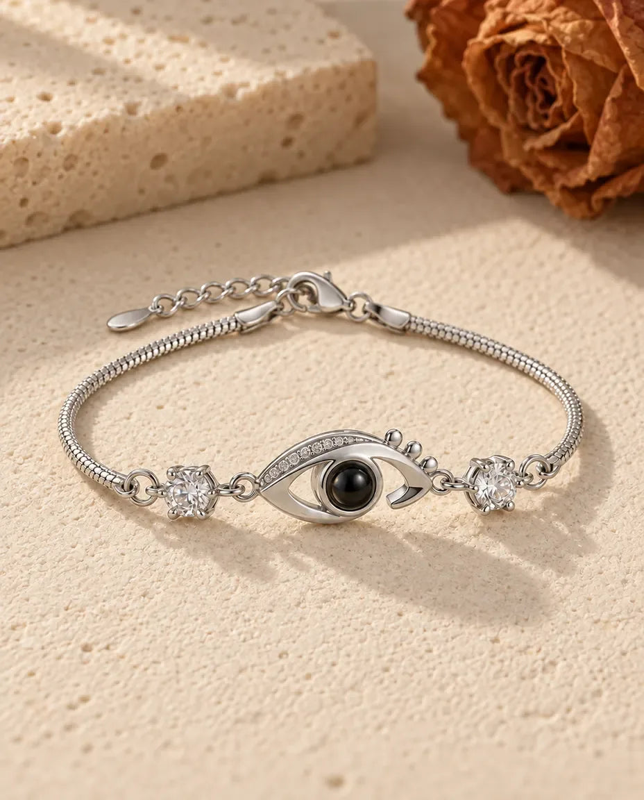Personalised Evil Eye Photo Projection Bracelet - front view in silver