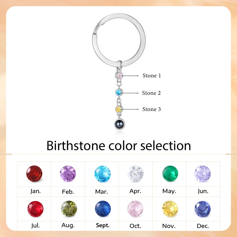 Personalised Photo Projection Charm Keyring with 2-6 Birthstones