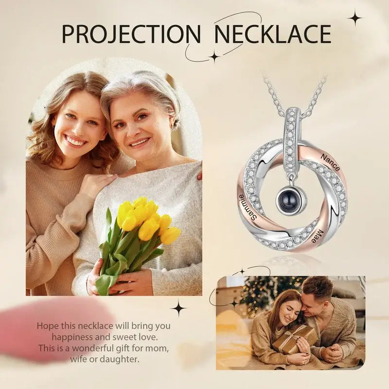 Projection Necklace with Picture Inside | Engraved 3 Names Necklace