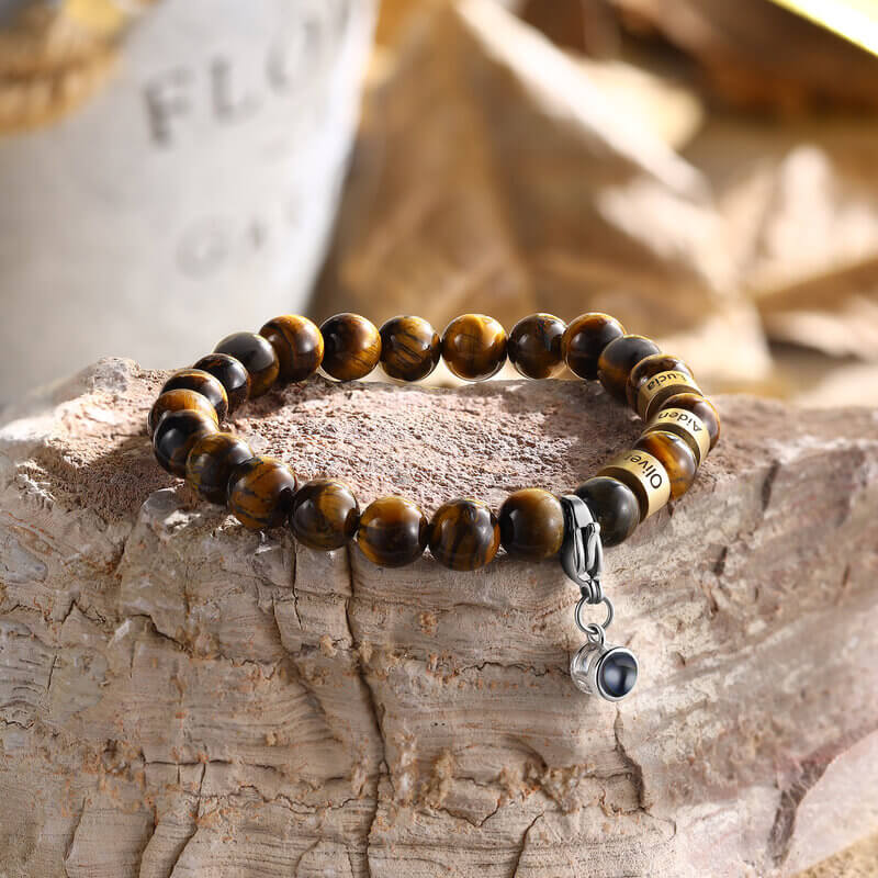 Personalised Photo Projection Tiger Eye Bracelet with Engraved Name Beads