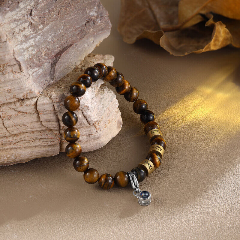 Personalised Photo Projection Tiger Eye Bracelet with Engraved Name Beads