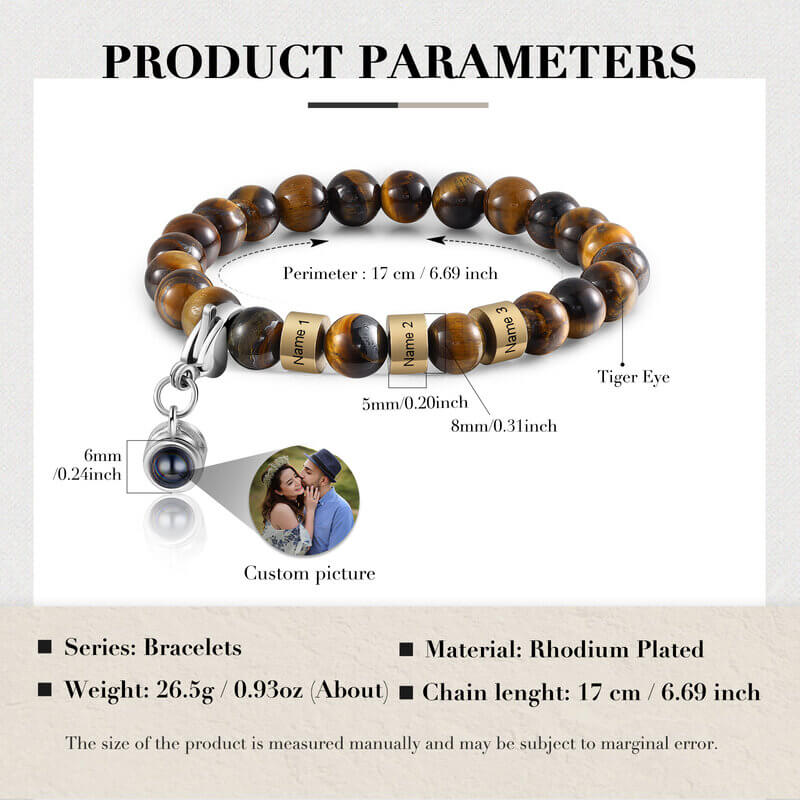 Personalised Photo Projection Tiger Eye Bracelet with Engraved Name Beads