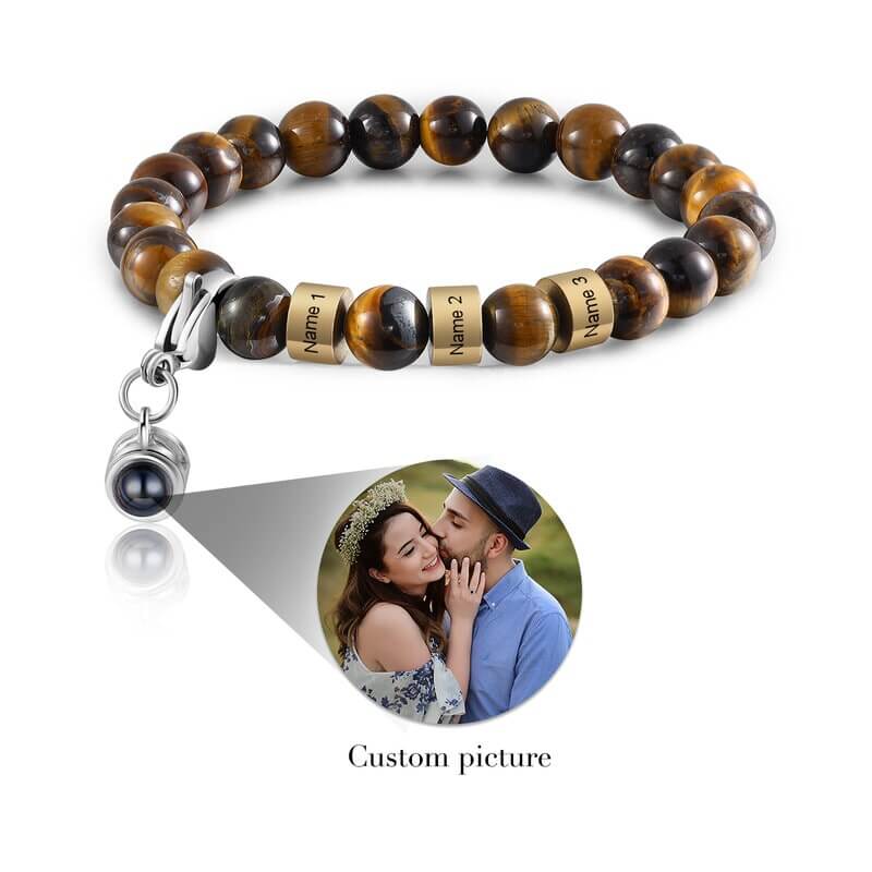 Personalised Photo Projection Tiger Eye Bracelet with Engraved Name Beads