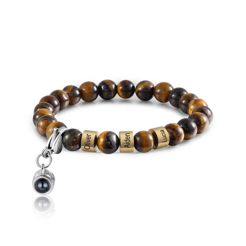 Personalised Photo Projection Tiger Eye Bracelet with Engraved Name Beads