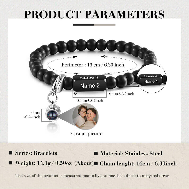 Personalised Photo Projection Volcanic Stone Bracelet with Engraved Name Bar