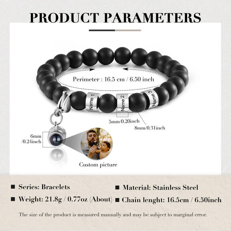 Personalised Photo Projection Volcanic Stone Bracelet with Engraved Name Beads