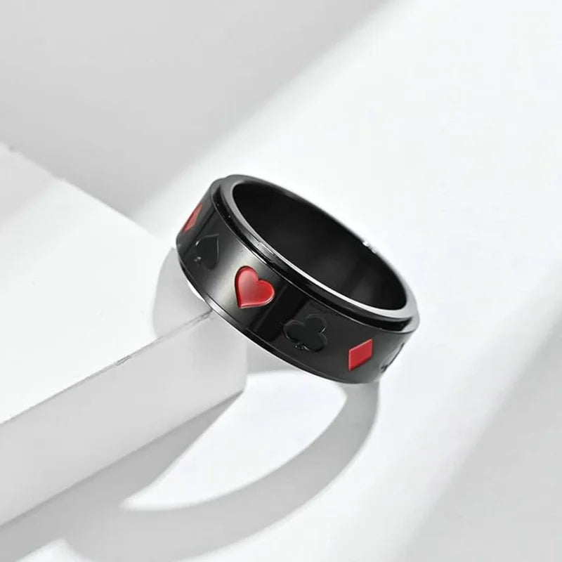 Men's Fidget Ring | Poker Themed Stainless Steel Anxiety Ring | Spinner Ring 3 Colours