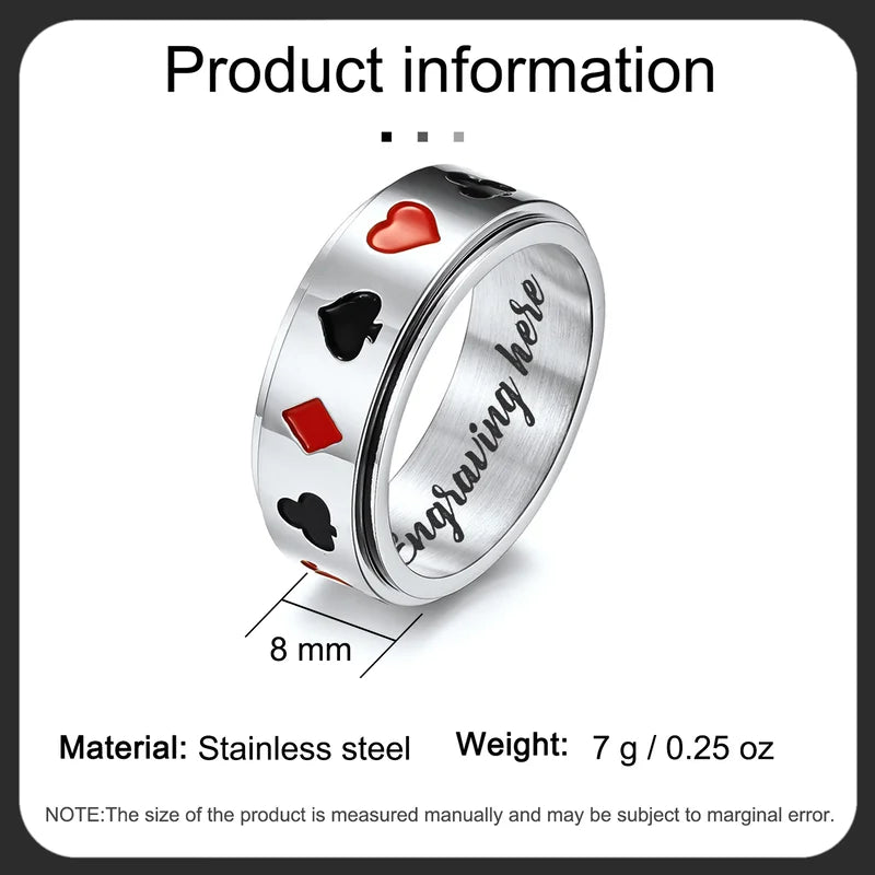 Men's Fidget Ring | Poker Themed Stainless Steel Anxiety Ring | Spinner Ring 3 Colours