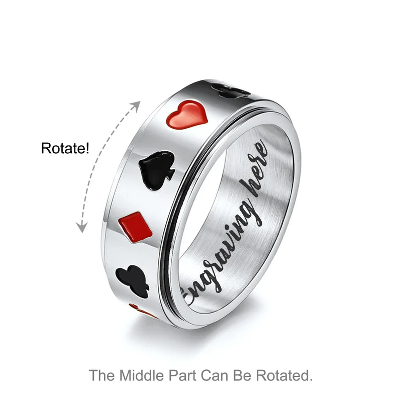 Men's Fidget Ring | Poker Themed Stainless Steel Anxiety Ring | Spinner Ring 3 Colours