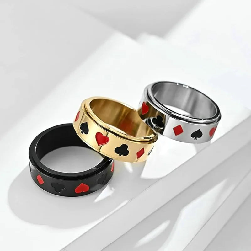 Men's Fidget Ring | Poker Themed Stainless Steel Anxiety Ring | Spinner Ring 3 Colours
