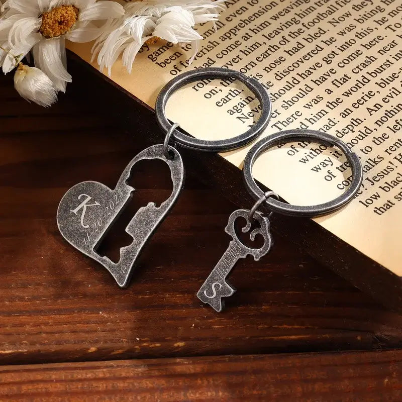 Personalised Retro Couples Keyrings Custom Engraved with Initial