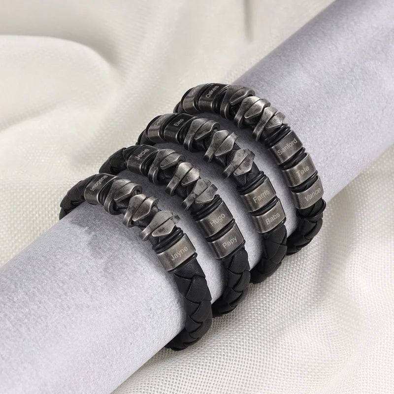 Personalised Retro Men Leather Bracelet with 2-5 Names Beaded Wrap Bracelet