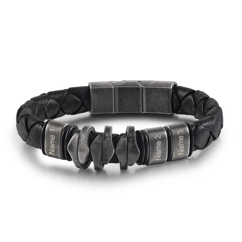 Personalised Retro Men Leather Bracelet with 2-5 Names Beaded Wrap Bracelet