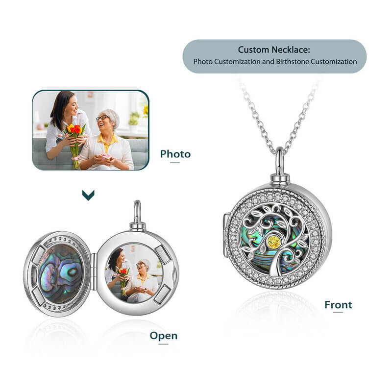 Personalised Engraved Round Photo Locket Ashes Necklace with Birthstone