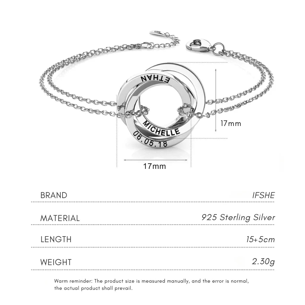 Personalised Russian Ring Bracelet - Engrave Names or Date onto 3-5 Intertwined Circles in Sterling Silver