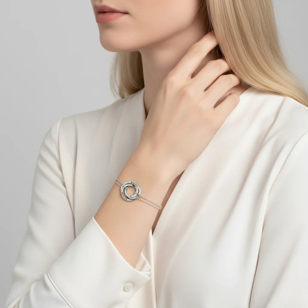 Personalised Russian Ring Bracelet - Engrave Names or Date onto 3-5 Intertwined Circles in Sterling Silver