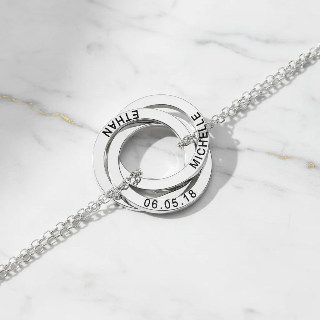 Personalised Russian Ring Bracelet - Engrave Names or Date onto 3-5 Intertwined Circles in Sterling Silver