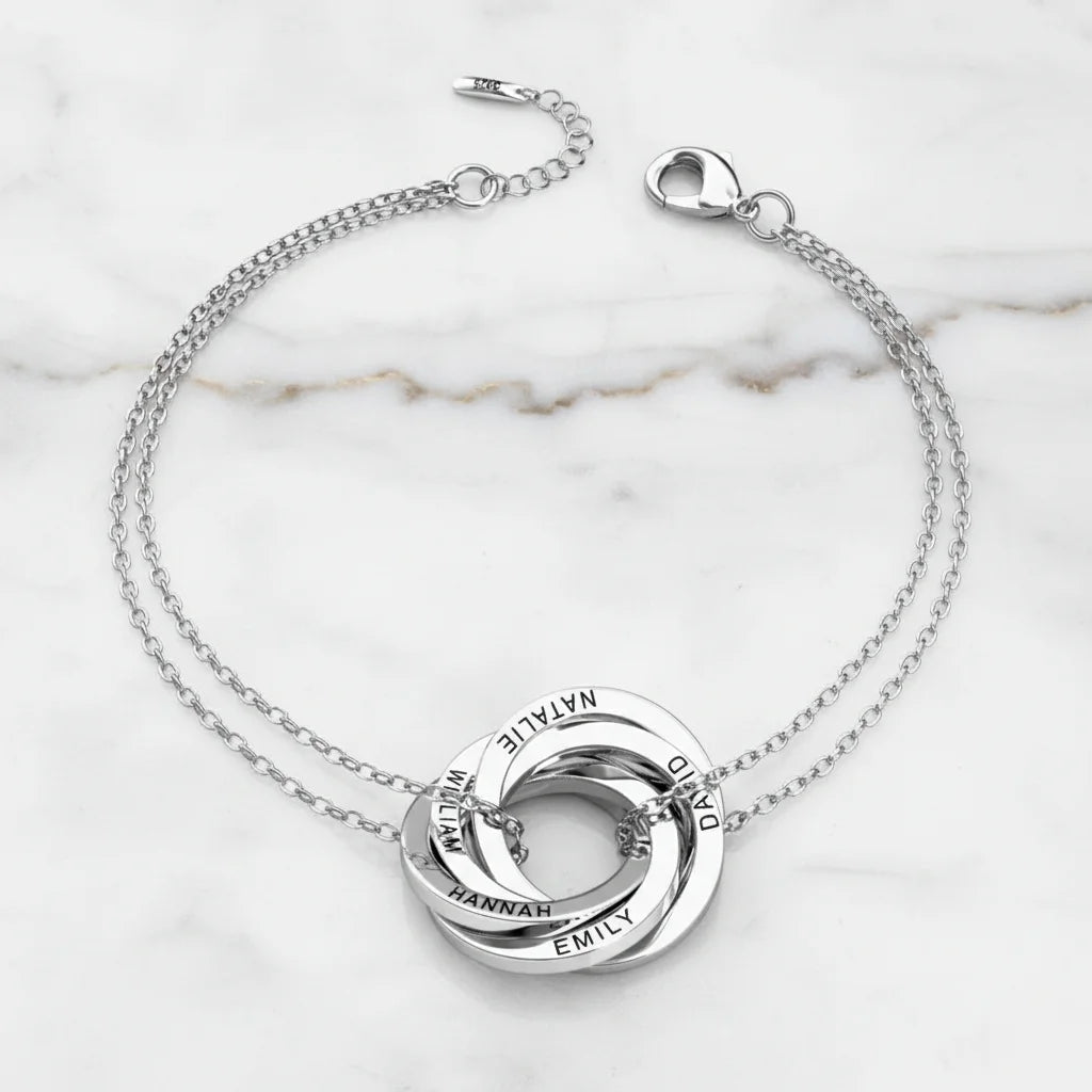 Personalised Russian Ring Bracelet - Engrave Names or Date onto 3-5 Intertwined Circles in Sterling Silver