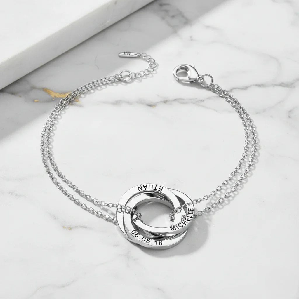 Personalised Russian Ring Bracelet - Engrave Names or Date onto 3-5 Intertwined Circles in Sterling Silver