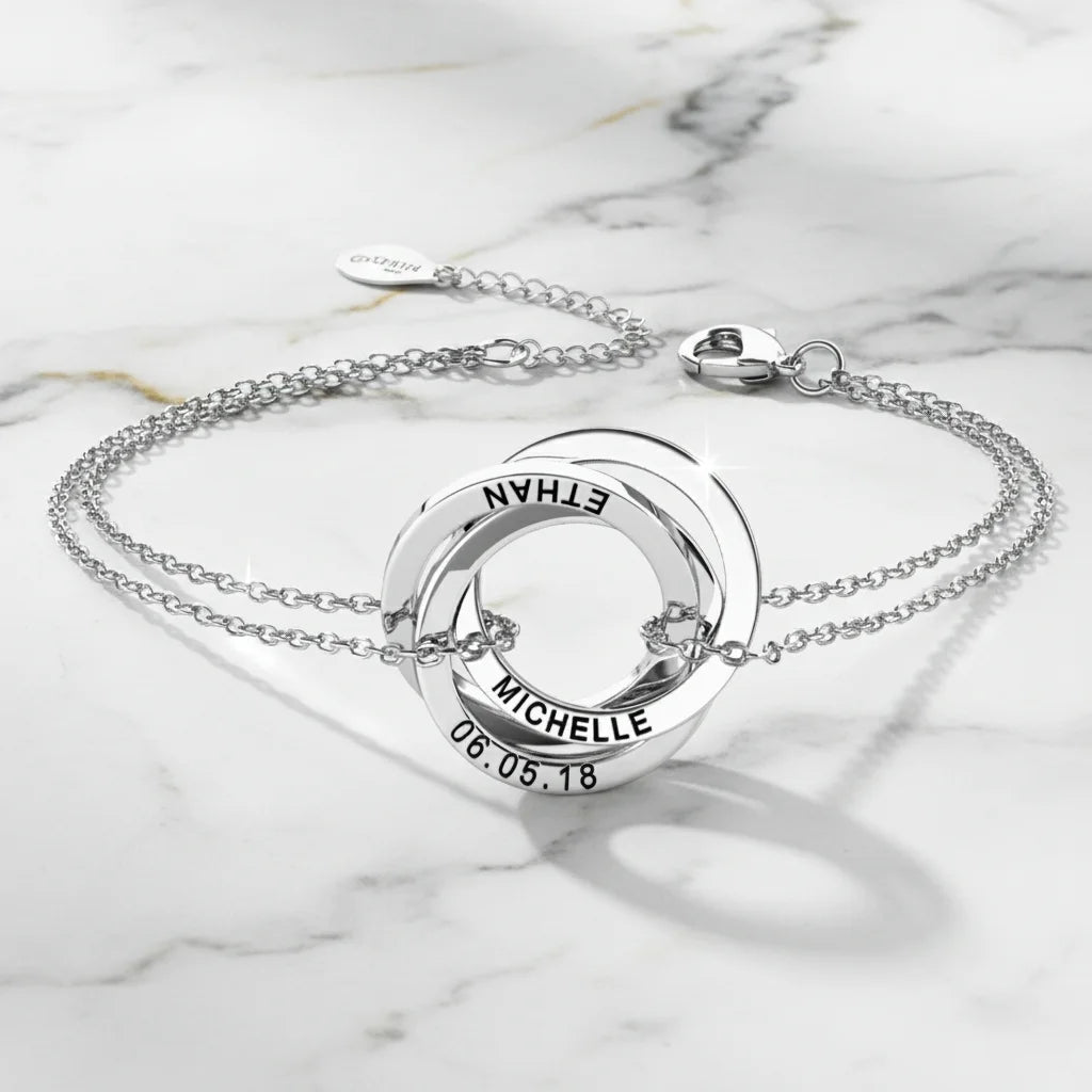 Personalised Russian Ring Bracelet - Engrave Names or Date onto 3-5 Intertwined Circles in Sterling Silver