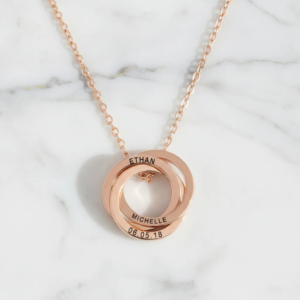 Personalised Engraved Russian Ring Necklace, Sterling Silver or Gold Vermeil, 3-5 Intertwined Circles