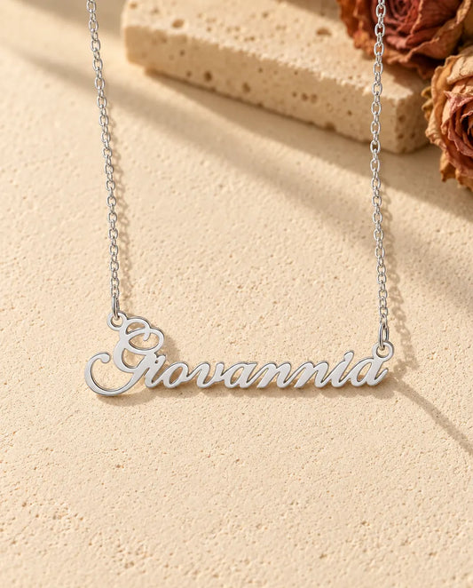 Personalised Name Necklace in 925 Sterling Silver - Custom Script Nameplate - front view in silver