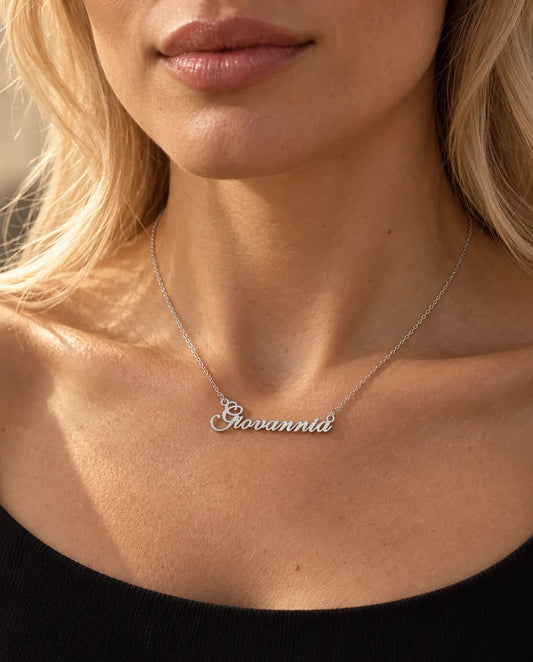 Personalised Name Necklace in 925 Sterling Silver - Custom Script Nameplate - worn on a model