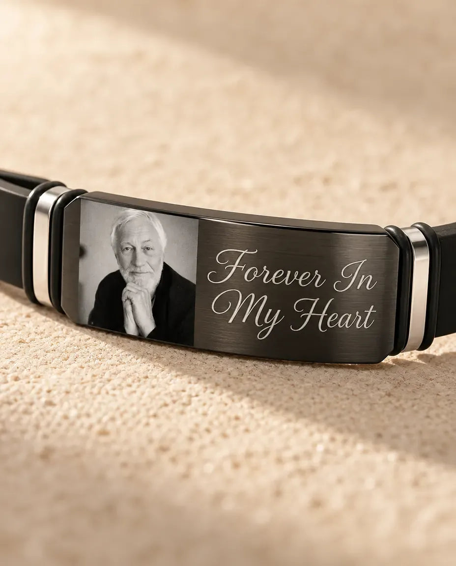 Personalised Photo Bracelet for Men - close-up of the photo ID plate with engraving