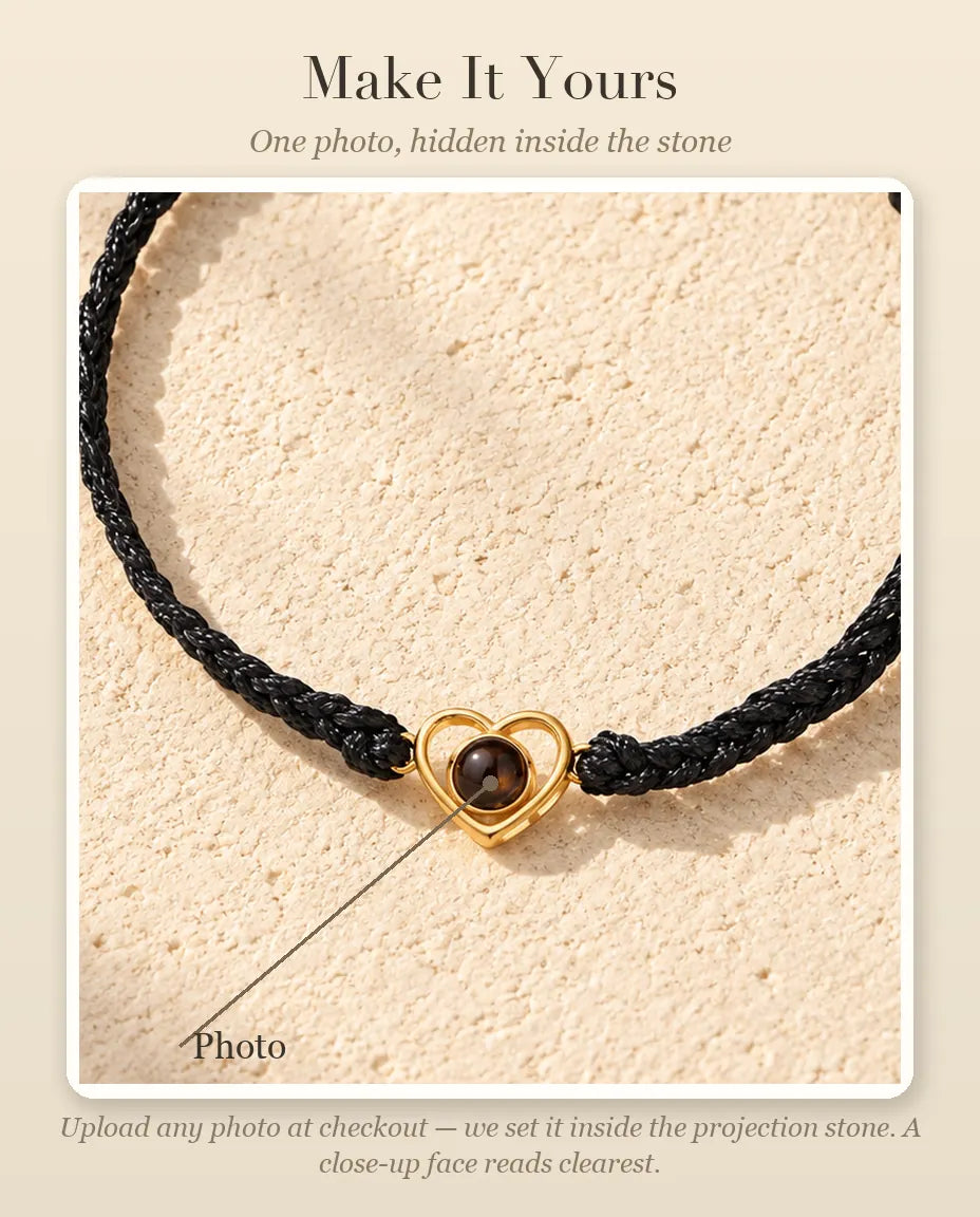 Personalisation guide showing where your photo goes inside the projection stone of the open heart