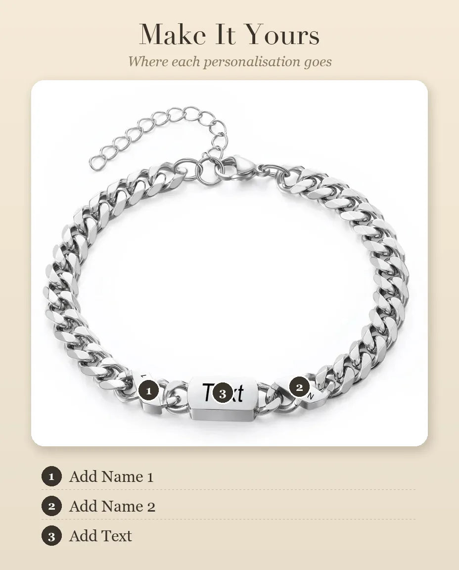 Personalised Men's Name Bracelet, Engraved Stainless Steel with 1-6 Cu – personalisation guide