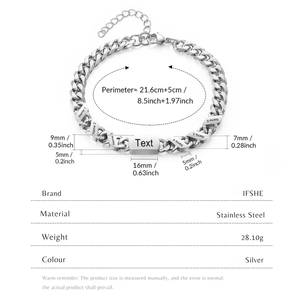 Personalised Stainless Steel Engraved Men's Bracelet with 1-6 Custom Names