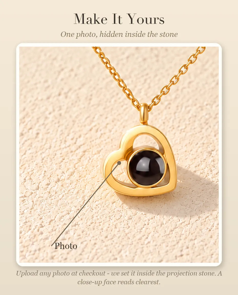 Personalisation guide showing the photo inside the projection stone of the double heart necklace