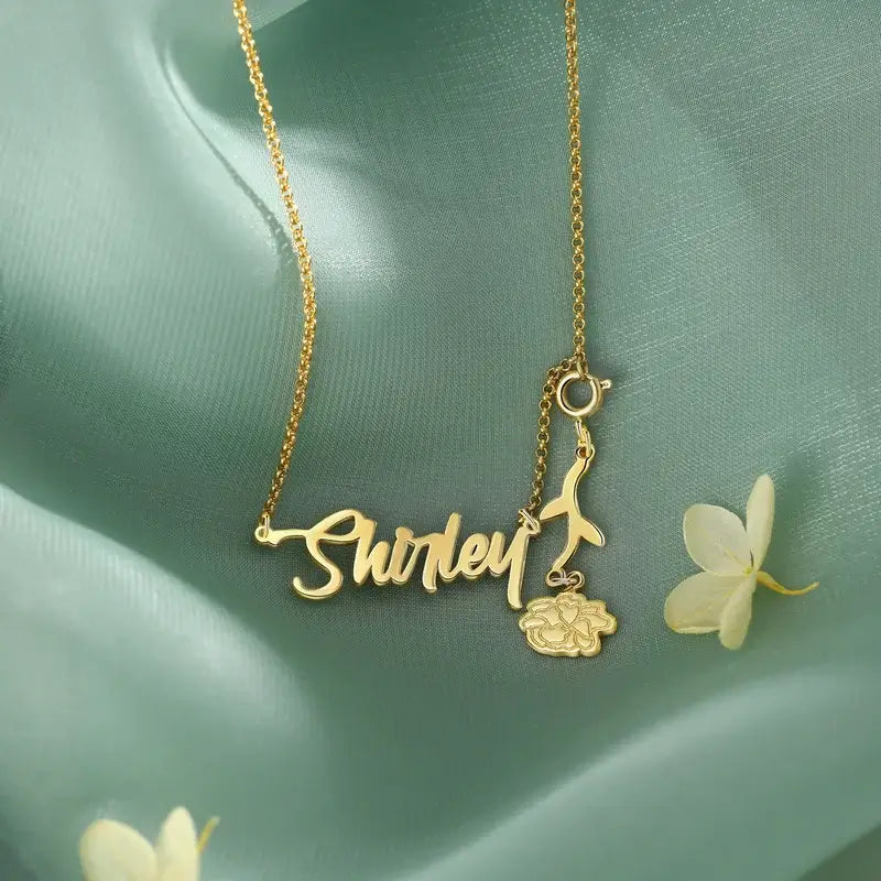 Personalised Sterling Silver Name Necklace with Birthflower | Nickname Necklace | Name Necklace Silver/Rose Gold/Yellow Gold