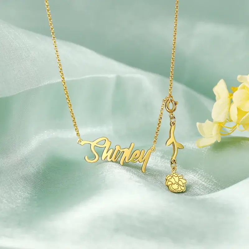 Personalised Sterling Silver Name Necklace with Birthflower | Nickname Necklace | Name Necklace Silver/Rose Gold/Yellow Gold