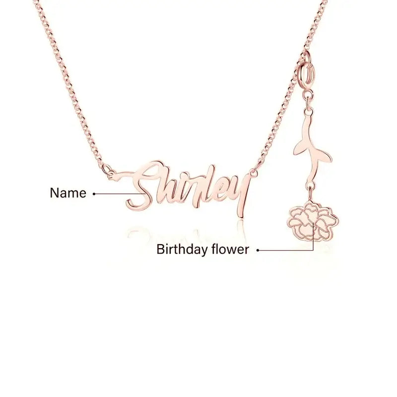 Personalised Sterling Silver Name Necklace with Birthflower | Nickname Necklace | Name Necklace Silver/Rose Gold/Yellow Gold