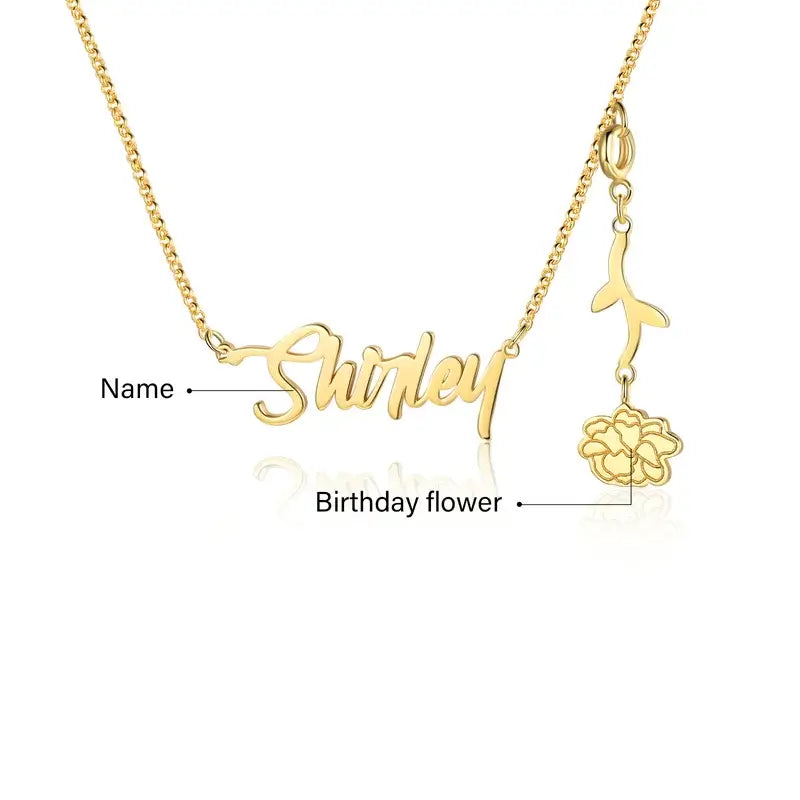 Personalised Sterling Silver Name Necklace with Birthflower | Nickname Necklace | Name Necklace Silver/Rose Gold/Yellow Gold