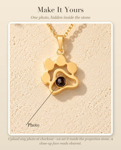 Personalisation guide showing where your photo goes inside the projection stone of the paw print necklace