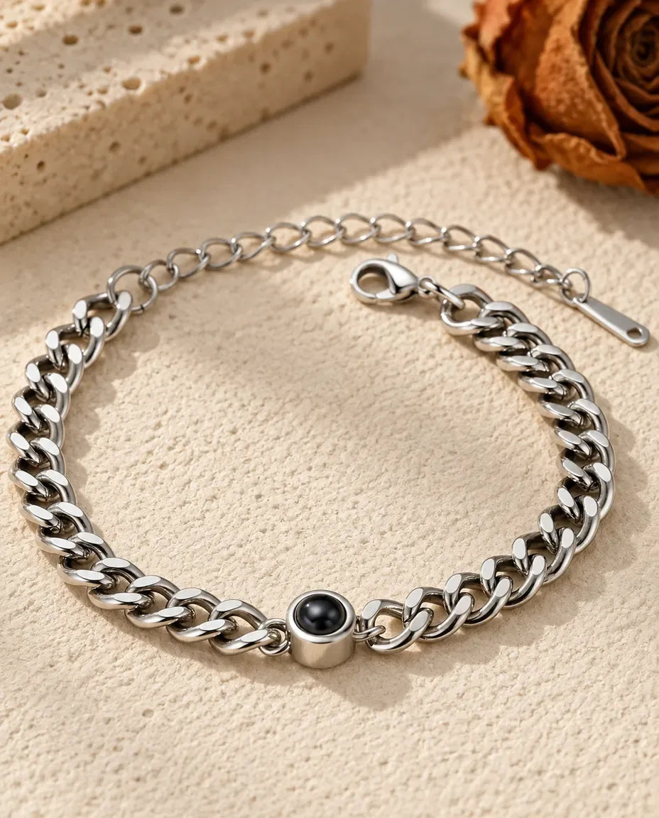 Photo Projection Bracelet for Men - front view in silver