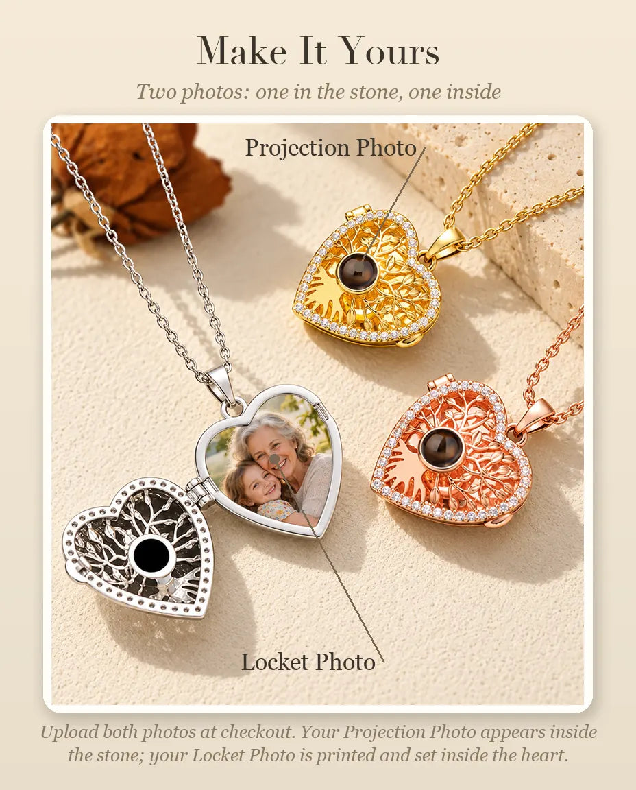 Personalisation guide showing the Projection Photo inside the stone and the Locket Photo inside the heart