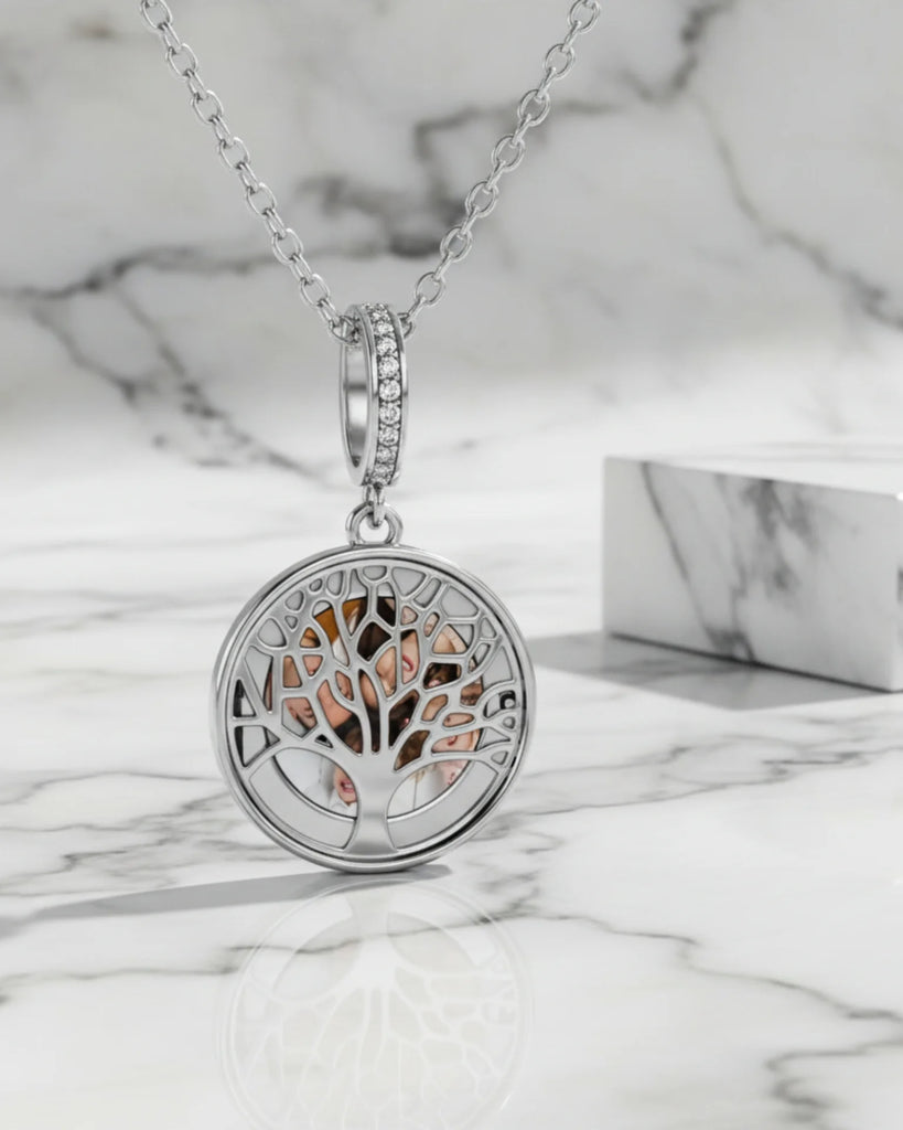 Personalised Tree of Life Locket Necklace - Engraved Sterling Silver Photo Charm